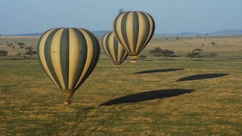 Three hot air balloons fly over a green valley in a cloudless sky Stock Footage 113731083
