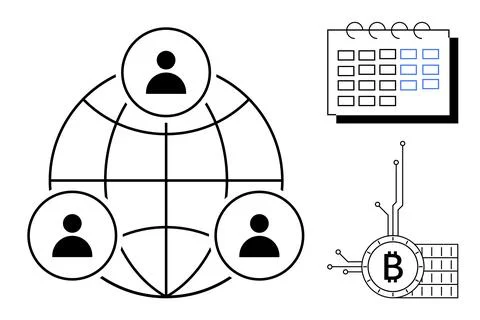 Three human figures connected by a globe, a calendar with highlighted dates a Stock Illustration