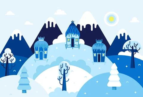 Three huts stand on a snow-covered hill, winter landscape Illustrazione stock