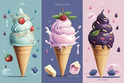 Three ice cream cones with different flavors and toppings on them one with .. イラスト素材