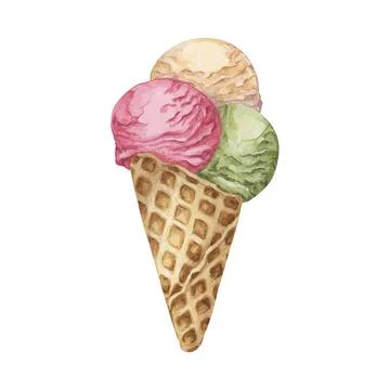 Three ice cream scoops in the waffle cone. Pastel colored Dessert watercolor Stock Illustration