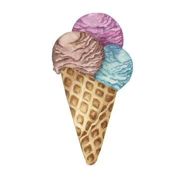 Three ice cream scoops in the waffle cone. Pastel colored Dessert watercolor Stock Illustration
