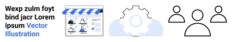 Three icons an online store interface, a gear symbolizing settings, and three Illustrazione stock