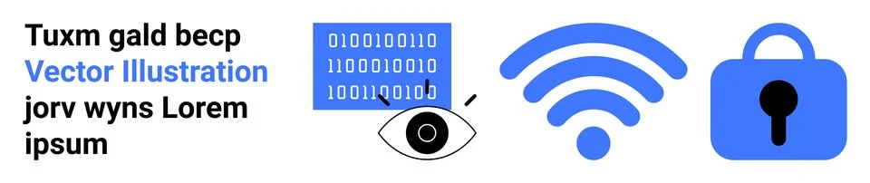 Three icons represent digital security themes. One icon has binary code with  Stock Illustration