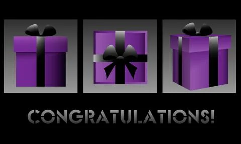 Three icons: violet gift boxes with black ribbon from different angles Stock Illustration