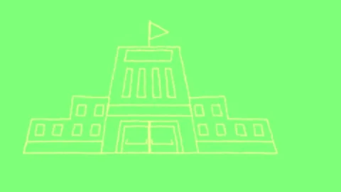 Three identical building icons animated in a row against a bright lime green Vídeos de archivo 346122245