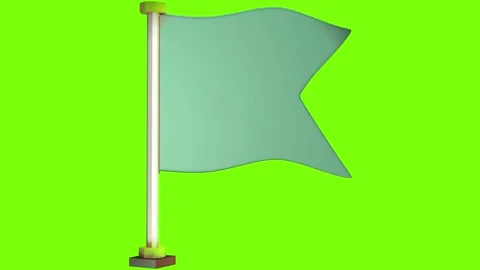 Three identical light blue flags waving gently against a vibrant green screen Stock Footage 346122035