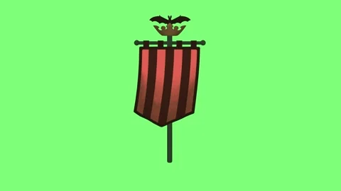 Three identical medieval banners with crown and bat emblems floating against Stock Footage 346122384
