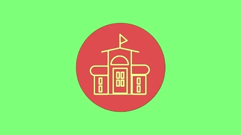 Three identical minimalist building icons displayed on vibrant green background Stock Footage 346122381