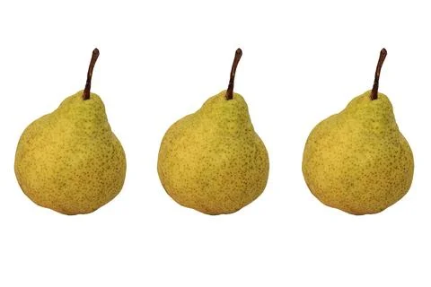 Three identical pears with a stalk side by side in a row on a white backgroun Stock Photos