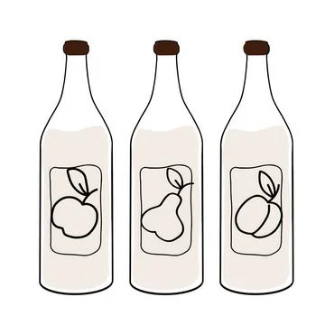 Three illustrated bottles with fruit labels showcasing apple, pear, and peach Stock Illustration