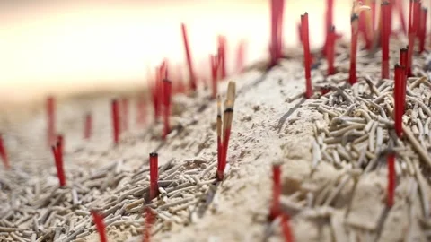Three incense sticks burning with smoke on a pile of ash. 動画素材 336982606