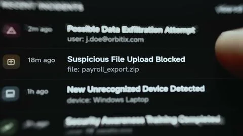 Three incident rows show possible data exfiltration, a blocked payroll Stock Photos