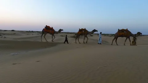 Three Indian men walking through the desert with their camels Stock Footage 94690635