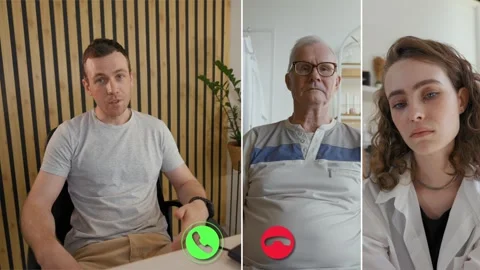 Three individuals connect in an online call split across screens Stock Footage 305541123