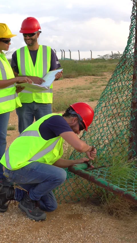 Three industrial workers working at a construction site Stock Footage 228500989