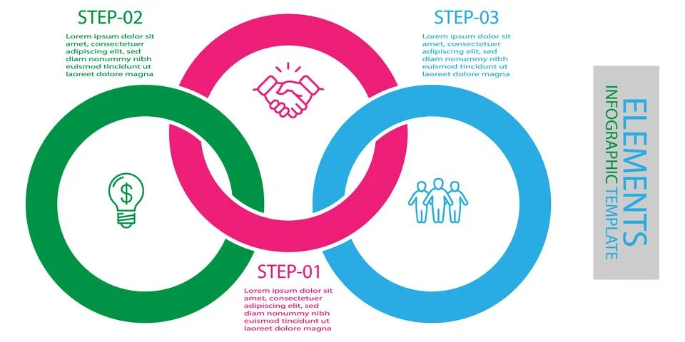 Three interconnected circles infographic template for business process expl.. Stock Illustration