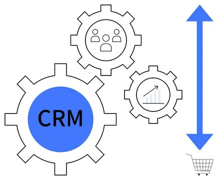 Three interconnected gears with CRM, user icons, and growth chart symbolizing Stock Illustration