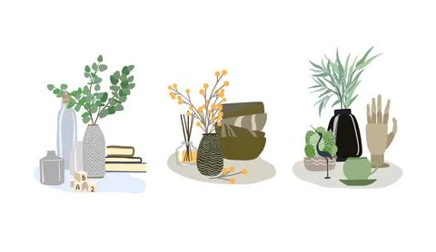 Three interior composition with branches in vases Stock Illustration