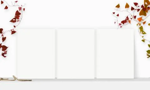 Three Interior vertical rectangular poster mockup standing on the table with  Stock Photos