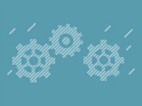 Three interlocking cogwheels against blue backdrop emphasizing teamwork and.. Illustrazione stock