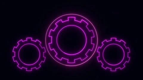 Three interlocking gears glowing with purple neon light on dark animated ba.. Stock Footage 334218415