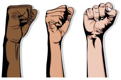 Three interracial hands that raise their fists up Stock Illustration