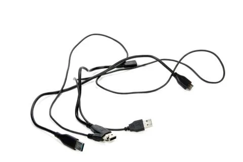 Three isolated black intertwined usb cables on white Stock Photos