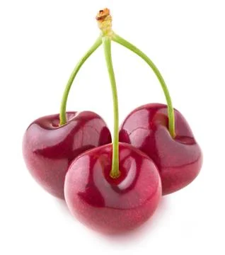 Three isolated cherries on a stem Foto stock