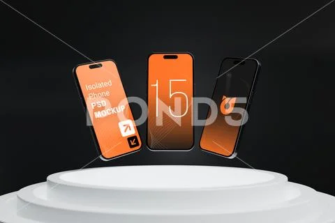 Three Isolated Floating Smartphone 15 Pro Max on Podium PSD Template