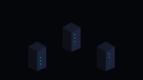 Three isometric server towers glowing against a deep black background 動画素材 338310644