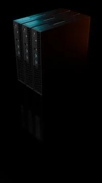 Three ISP server computers with blue glow isolated on black background Illustrazione stock