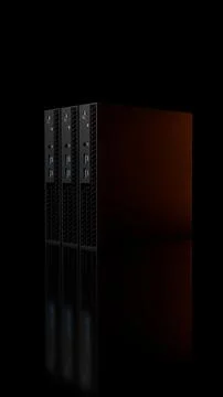 Three ISP server computers with orange glow isolated on black Illustrazione stock
