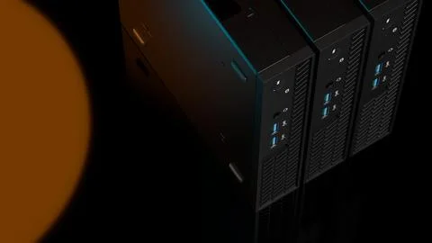 Three ISP server computers with orange and blue glow on black background Stock Illustration