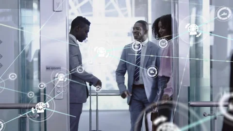 Three IT staff entering glass portal reaching threshold activating network Stock Footage 332280830