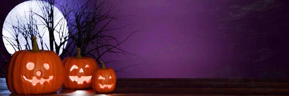 Three jack-o-lantern pumpkins with glowing faces under a full moon Illustrazione stock