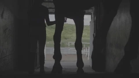 Three Jockeys Come Out Of The Stables With Their Horses. Stock Footage 132797789