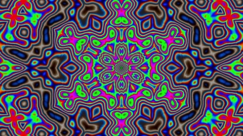 Three keyframes display evolving symmetrical patterns with bright 스톡 동영상 338301867
