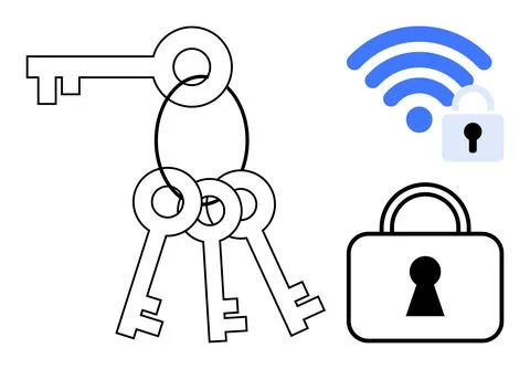 Three keys on a keyring with padlock and wireless security icon. Ideal for se 스톡 일러스트