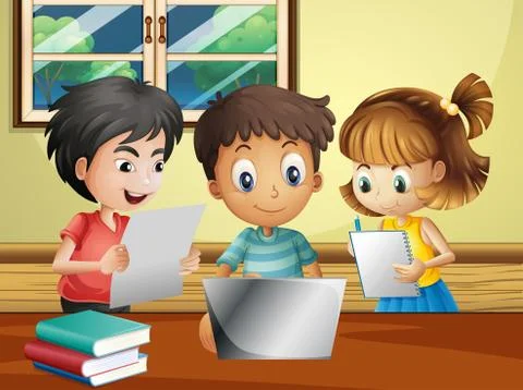 Three kids doing research on computer in the room Stock Illustration