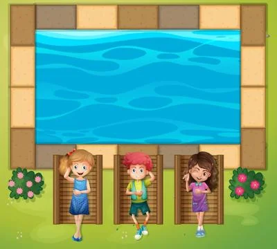 Three kids having fun by the pool Stock Illustration