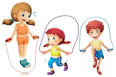 Three kids jumping rope on white background Stock Illustration