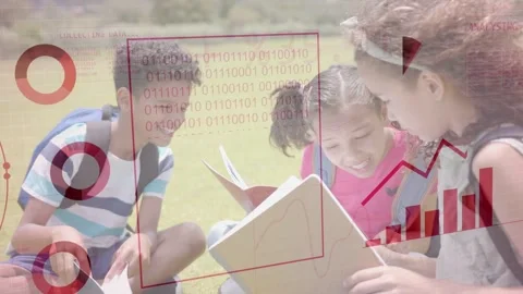 Three kids leaning over book on field, globe appearing and overlaying pages with Stock Footage 333485830