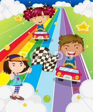 Three kids playing car racing Stock Illustration