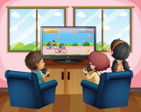 Three kids playing computer game at home Stock Illustration