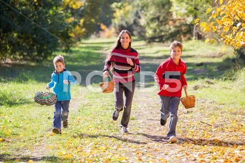 Three kids running on autumn forest with baskets Stock Photos