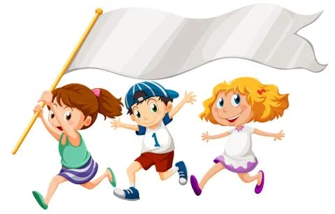 Three kids running with an empty banner Stock Illustration