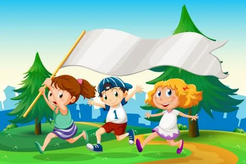 Three kids running with an empty flag banner Illustrazione stock