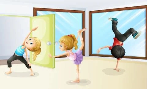 Three kids stretching and dancing Stock Illustration