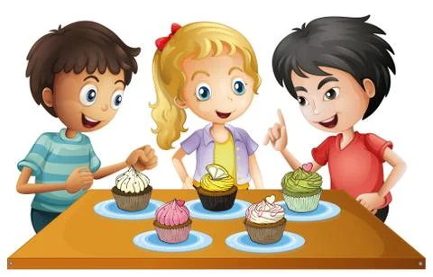Three kids at the table with cupcakes Illustrazione stock